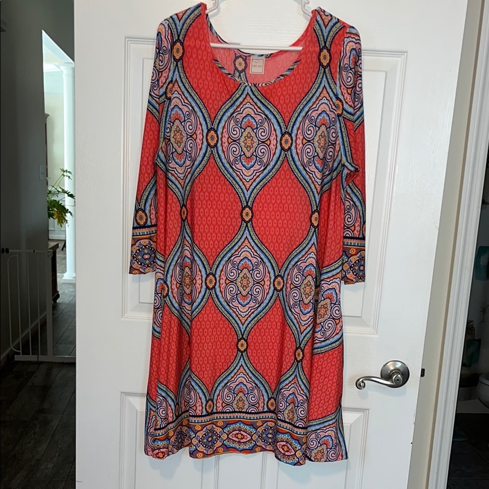 Red and Blue 3/4 Sleeve Swing Dress with Pockets